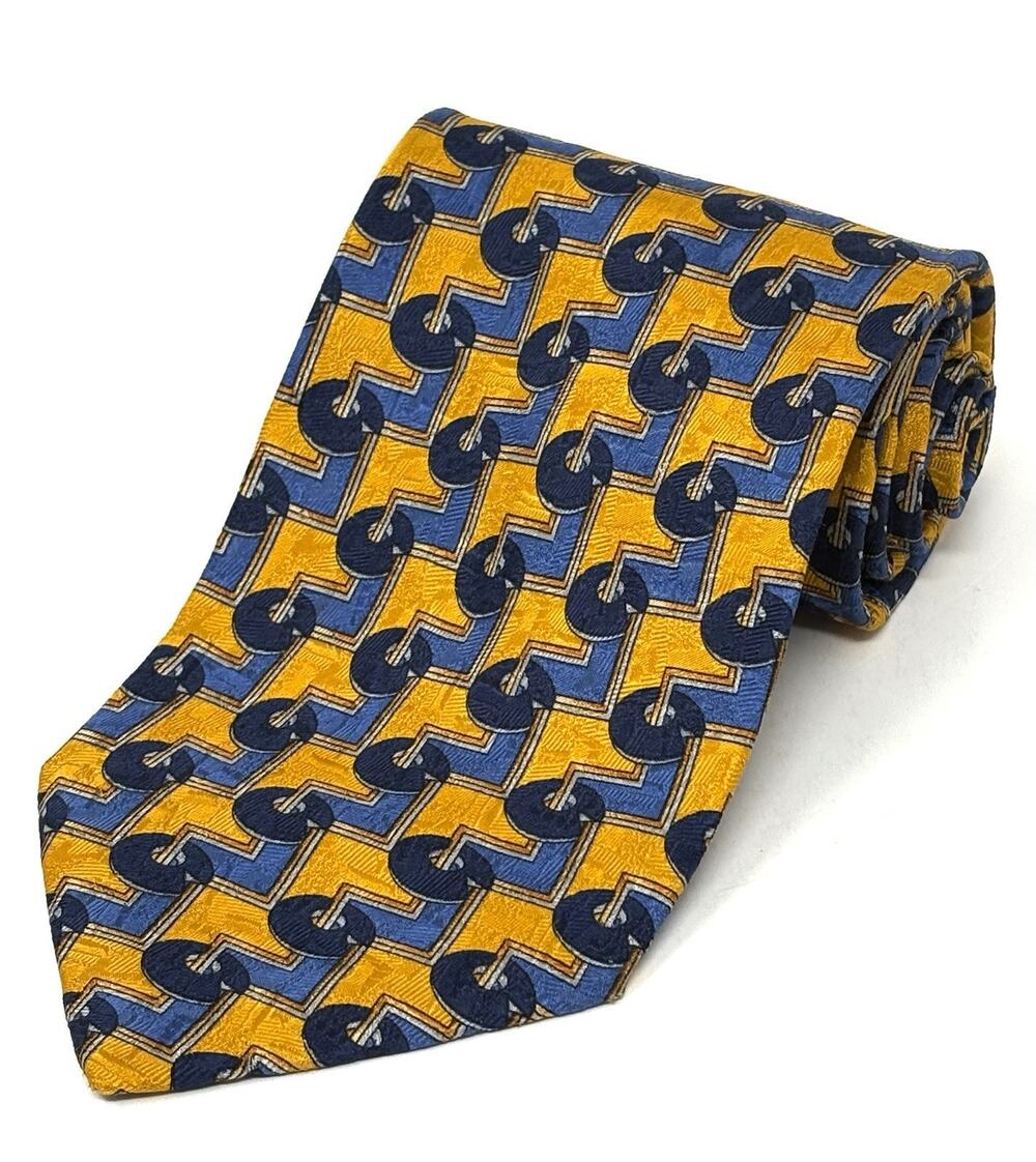 Ermenegildo Zegna 100% Silk Tie Blue Golden Yellow 3.75 x 59 Neck Tie Italy